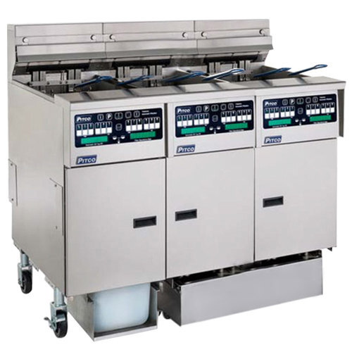 A large stainless steel Pitco gas fryer with three trays.