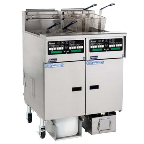 A large stainless steel Pitco Solstice gas fryer with two baskets.