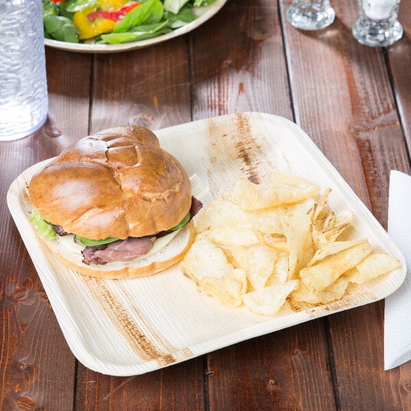 A TreeVive by EcoChoice compostable palm leaf plate with a sandwich on a table.