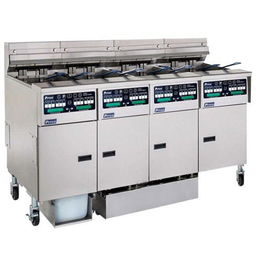 A Pitco electric fryer system with 4 rectangular units and a control panel with buttons and switches.