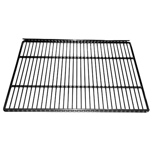 A gray coated wire shelf with a black metal grid.