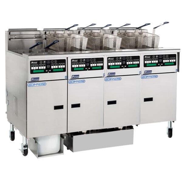 A Pitco commercial gas fryer with 4 units and 3 baskets.
