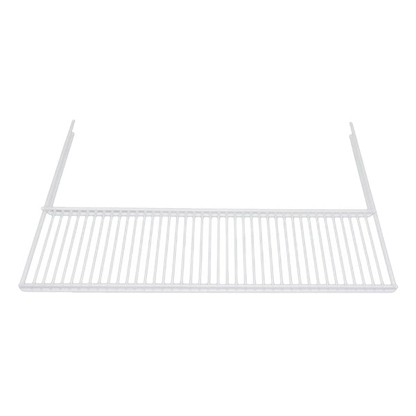 A white wire half shelf with metal grate.