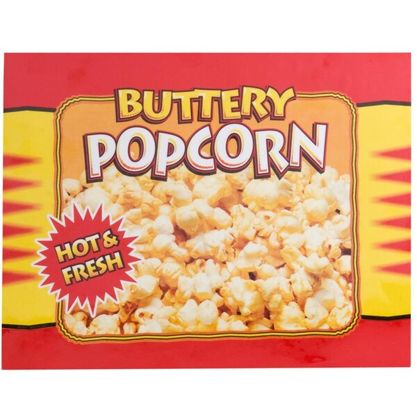 A yellow and red decal with the words "Buttery Popcorn" and a red and yellow box of popcorn.