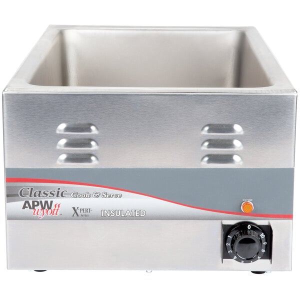 A square silver APW Wyott countertop food cooker/warmer with a black knob.