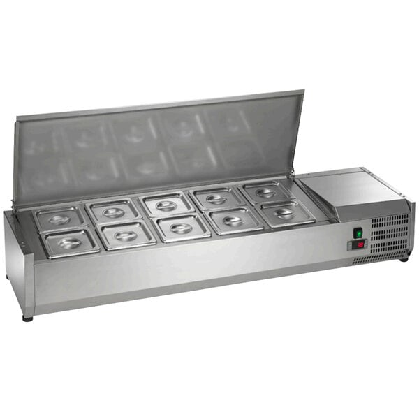 An Arctic Air stainless steel refrigerated countertop condiment prep station with four compartments.