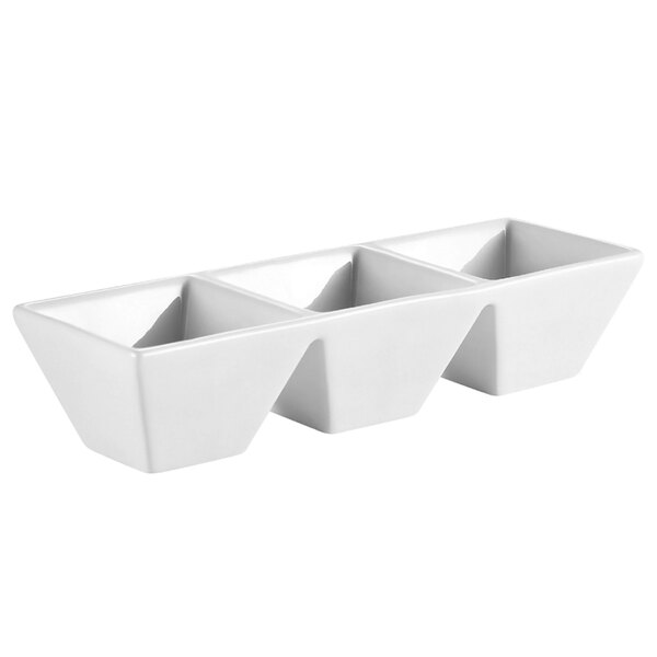 A white rectangular CAC China tasting bowl with three compartments.