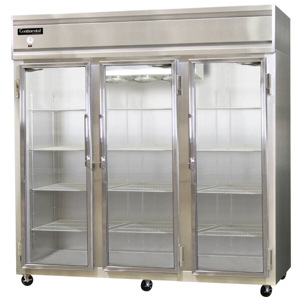 A Continental Refrigerator three section glass door reach-in freezer.