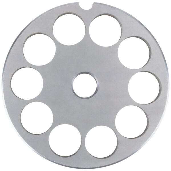 A stainless steel Globe #12 meat grinder plate with eight holes.