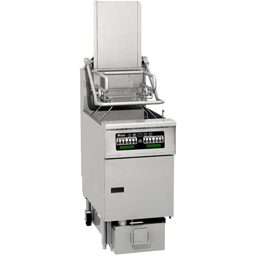 A large stainless steel Pitco floor fryer with a black control panel.