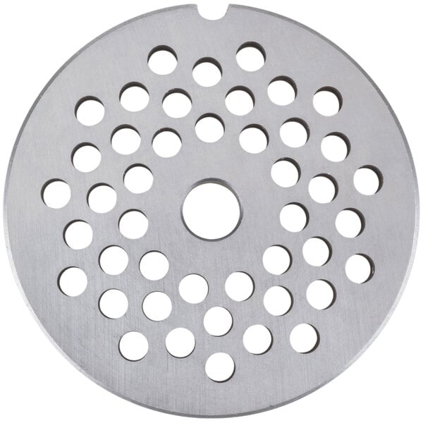 A stainless steel Globe #22 meat grinder plate with holes in it.