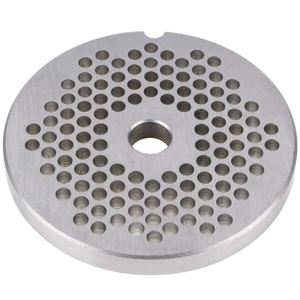 A stainless steel Globe meat grinder plate with circular holes.