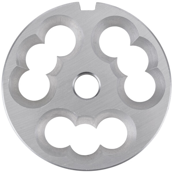 A stainless steel Globe #12 stuffing plate with circular holes.