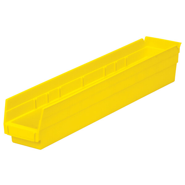 A yellow plastic Metro shelf bin with a long rectangular bottom and holes.