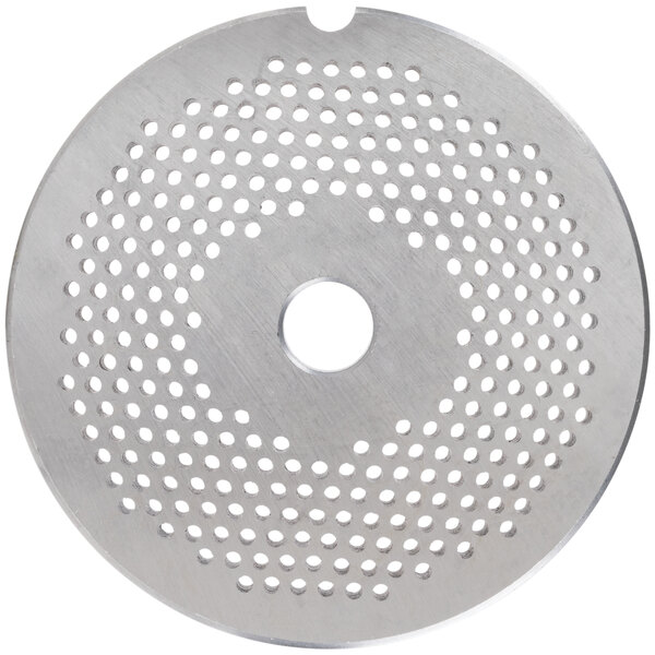 A stainless steel Globe #22 meat grinder plate with holes.