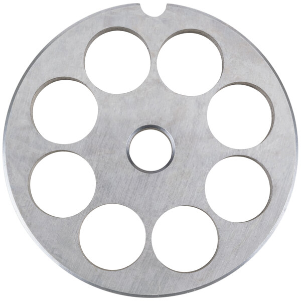 A Globe #12 meat grinder plate with 8 holes.