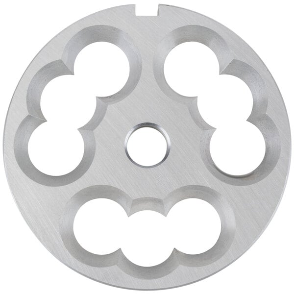 A stainless steel Globe #22 stuffing plate with circular holes.