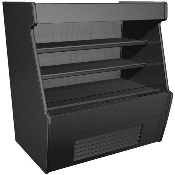 A black Structural Concepts air curtain merchandiser with shelves on a counter.
