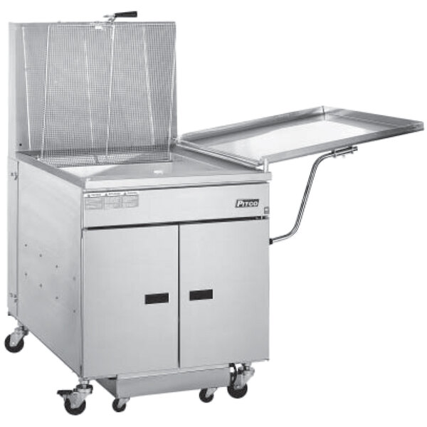 A large stainless steel Pitco donut floor fryer with a lid.