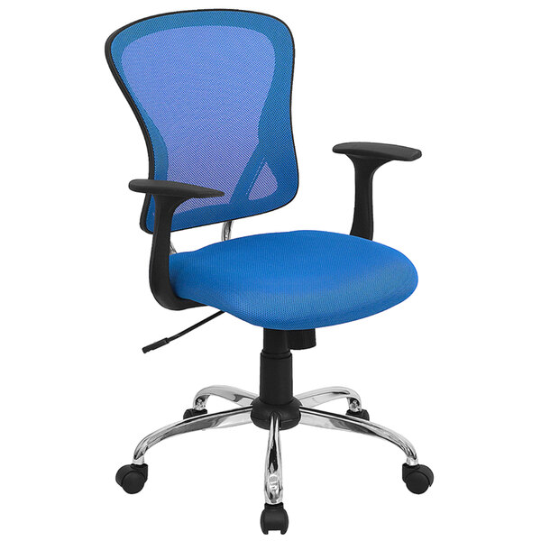 A Flash Furniture blue office chair with black arms and chrome legs.