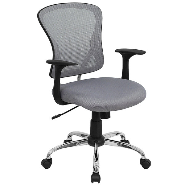 A Flash Furniture grey mesh office chair with arms and a chrome base.