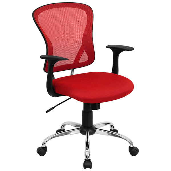 A red office chair with black arms and a chrome base.