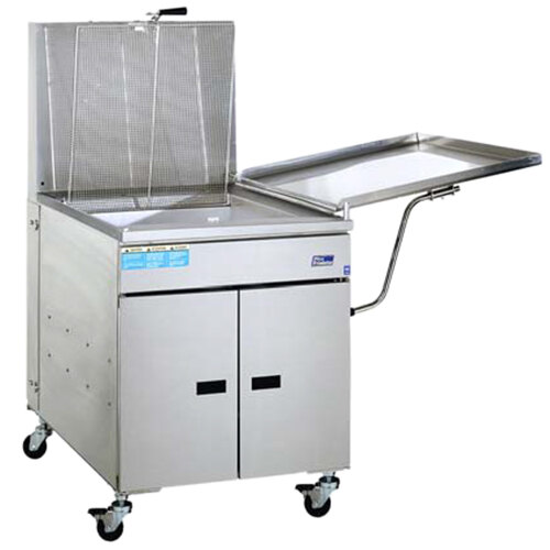 A large stainless steel Pitco floor fryer with solid state thermostatic controls.