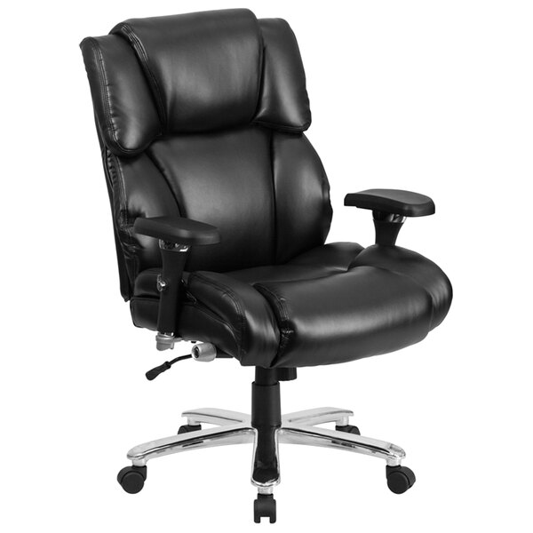 A black Flash Furniture office chair with padded arms and wheels.