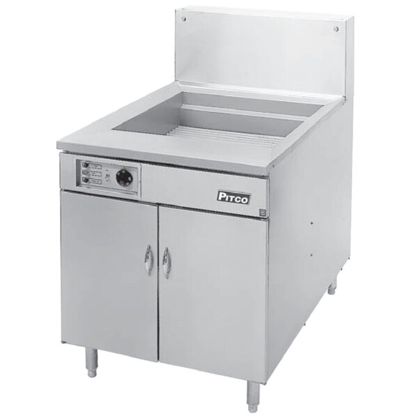 A large stainless steel Pitco floor fryer with solid state thermostatic controls.