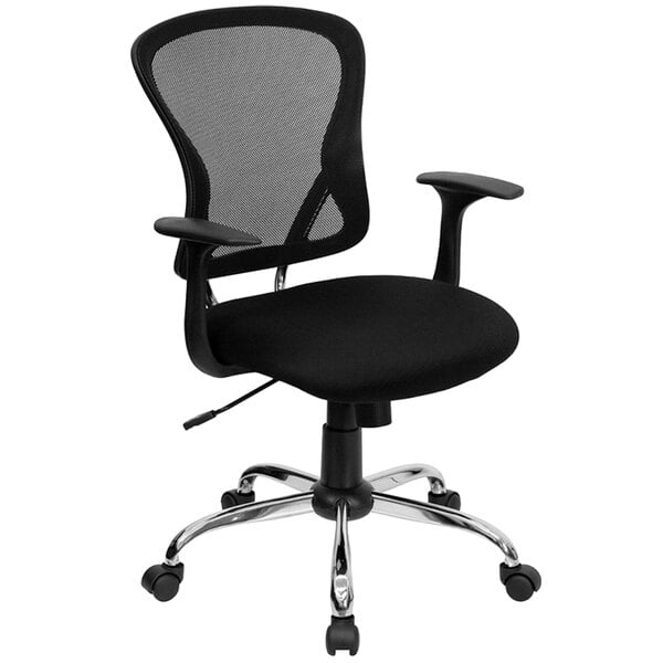 A Flash Furniture black mesh office chair with arms and a chrome base.