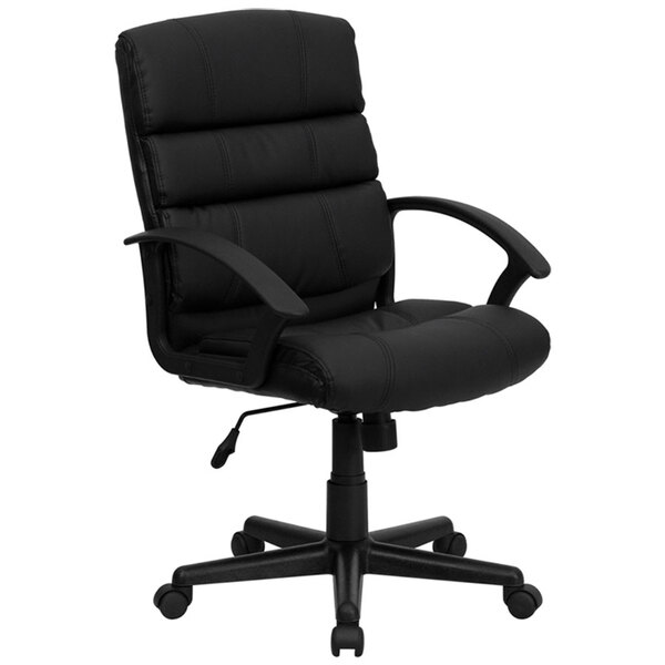 A black Flash Furniture office chair with arms and wheels.