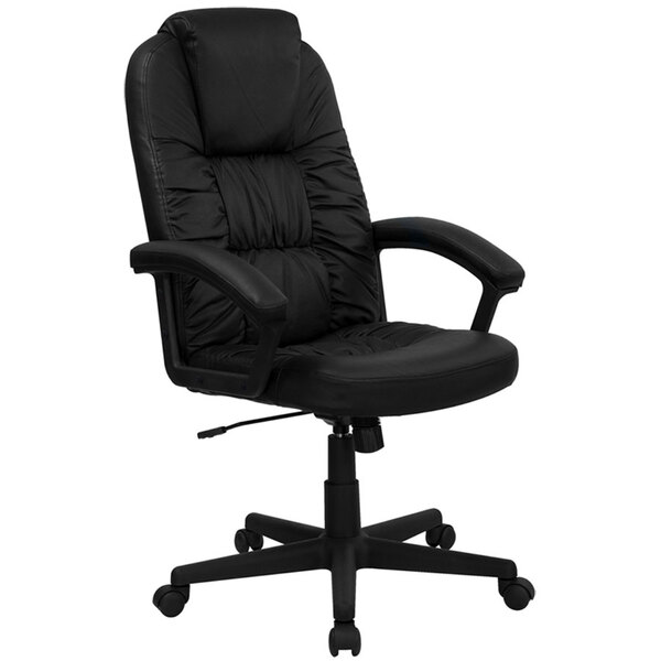 A Flash Furniture black leather executive office chair with wheels and padded arms.