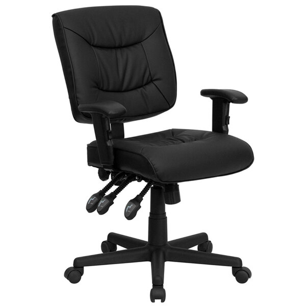 A Flash Furniture black leather office chair with wheels and adjustable arms.