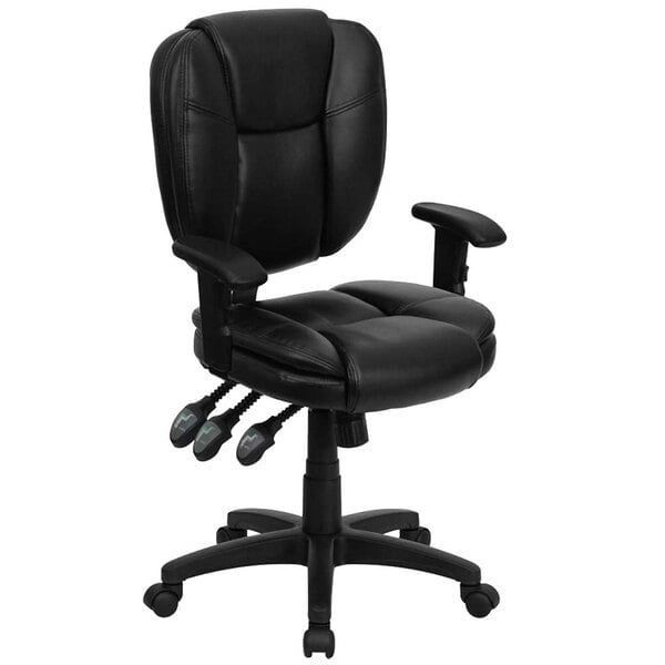 A black Flash Furniture leather office chair with arms.
