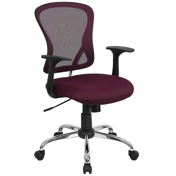 A burgundy Flash Furniture office chair with arms and a chrome base.