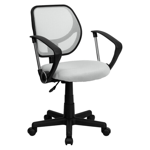 A Flash Furniture white mesh office chair with black arms.