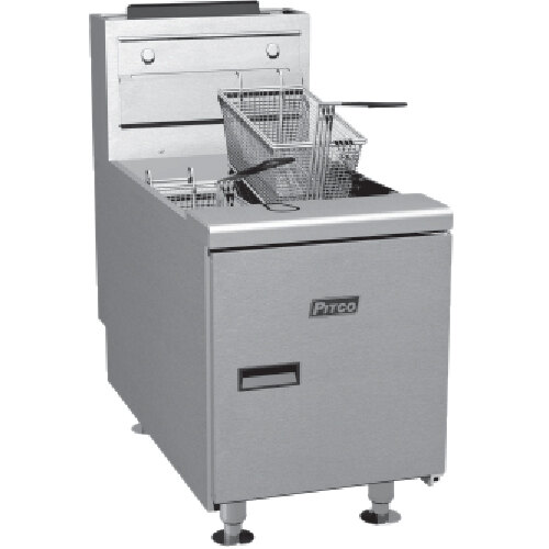 A Pitco natural gas countertop fryer with a basket inside.