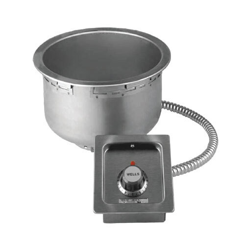 A Wells round drop-in soup well with a stainless steel lid and a thermostatic control dial.