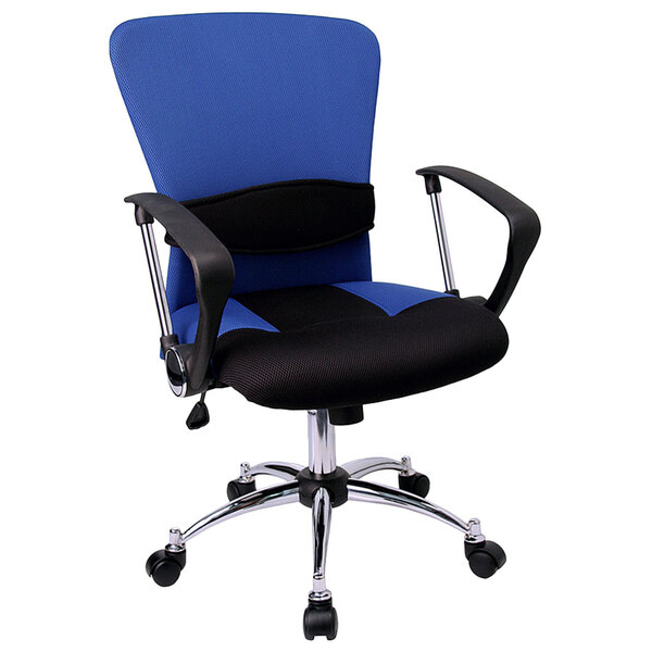 A blue and black Flash Furniture office chair with a chrome base.
