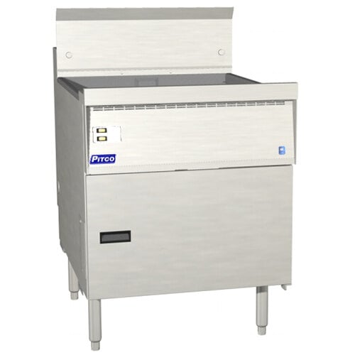 A stainless steel Pitco floor fryer with a white rectangular lid.