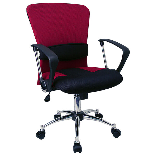 A Flash Furniture burgundy office chair with a chrome swivel base.