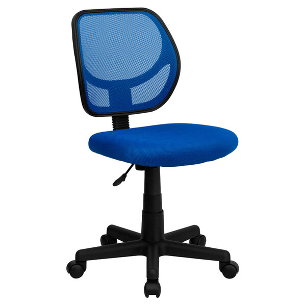 A blue office chair with black swivel base and wheels.