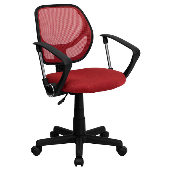 A red and black Flash Furniture office chair with polyurethane arms.