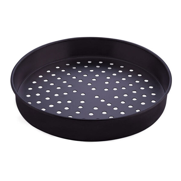 An American Metalcraft Super Perforated Hard Coat Anodized Aluminum Tapered Deep Dish Pizza Pan with holes in it.
