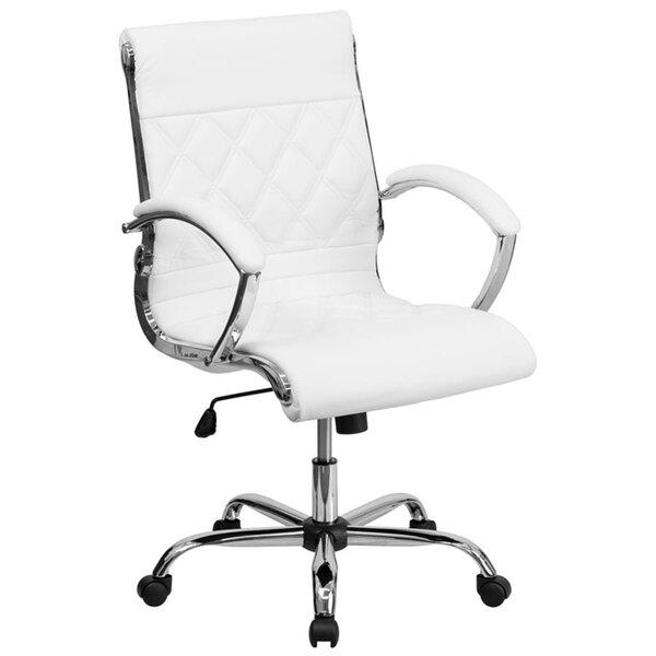 A white Flash Furniture leather office chair with chrome arms and legs.