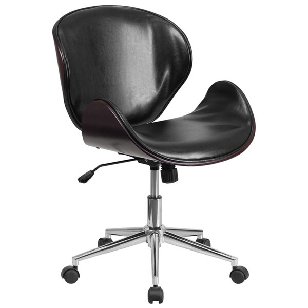 A Flash Furniture mid-back black leather office chair with mahogany wood base and wheels.