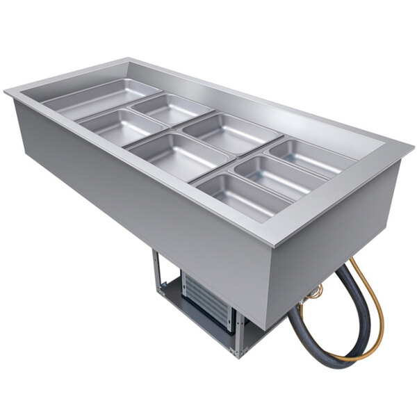 A Hatco drop-in cold food well with four compartments in a metal counter.