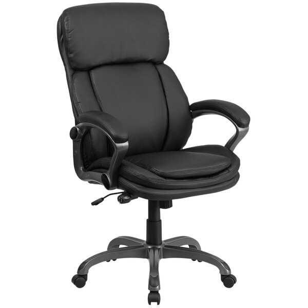 A black Flash Furniture high-back leather office chair with loop arms and a chrome base.