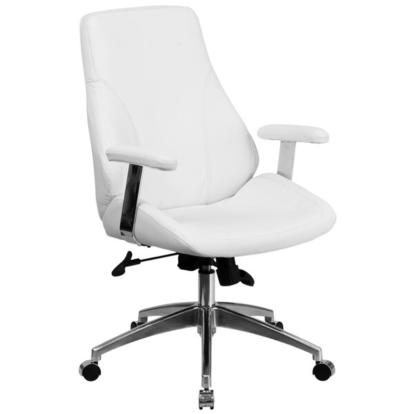 A Flash Furniture white leather office chair with chrome arms and wheels.