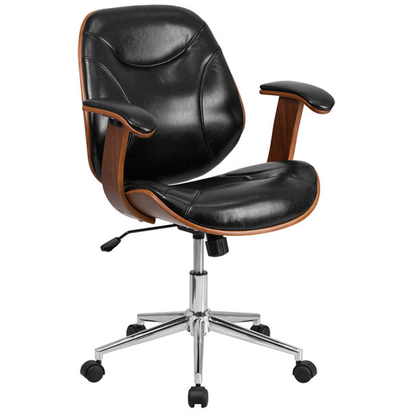 A black and wood Flash Furniture office swivel chair.